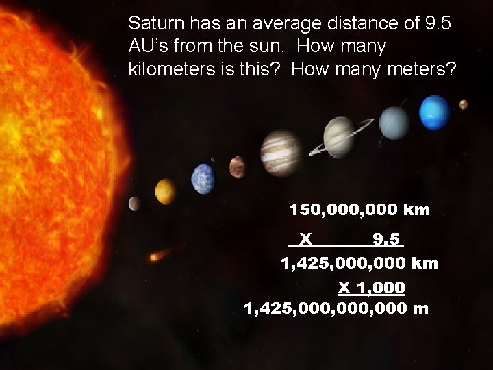 Saturn has an average distance of 9. 5 AU’s from the sun. How many