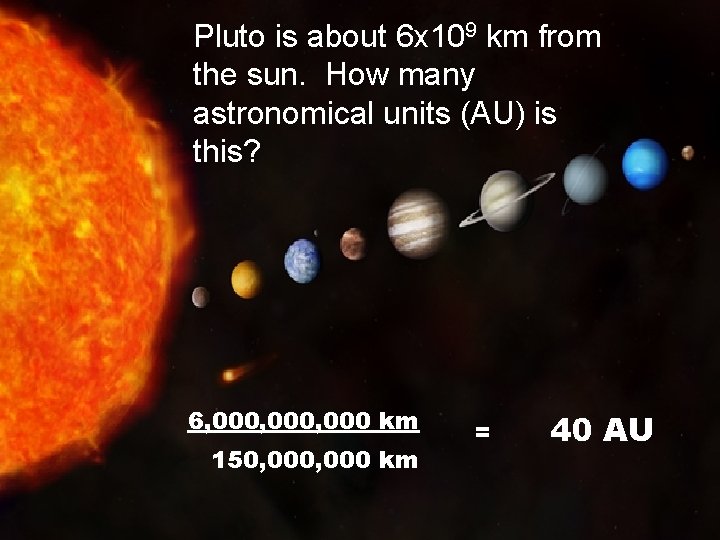 Pluto is about 6 x 109 km from the sun. How many astronomical units