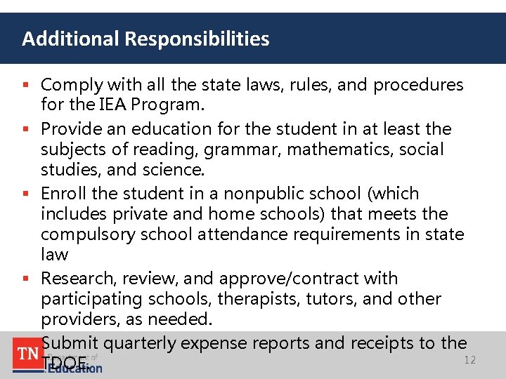 Additional Responsibilities § Comply with all the state laws, rules, and procedures for the