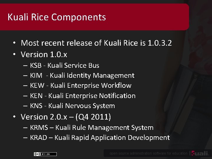 Kuali Rice Components • Most recent release of Kuali Rice is 1. 0. 3.