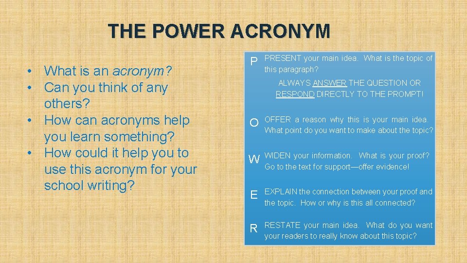 THE POWER ACRONYM • What is an acronym? • Can you think of any THE POWER ACRONYM • What is an acronym? • Can you think of any
