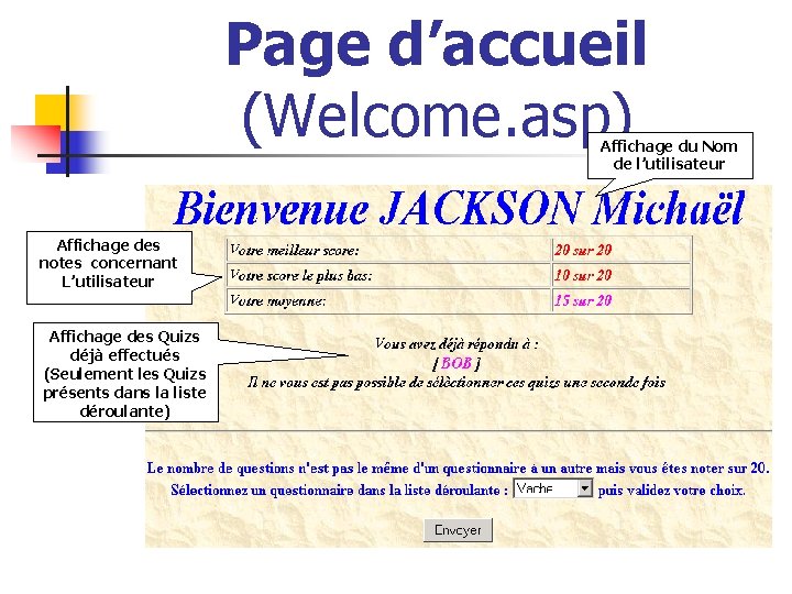 Page d’accueil (Welcome. asp) Affichage du Nom de l’utilisateur Affichage des notes concernant L’utilisateur