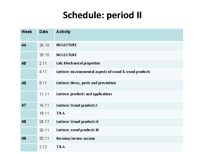 Schedule: period II Week Date Activity 44 26. 10 NO LECTURE 28. 10 NO