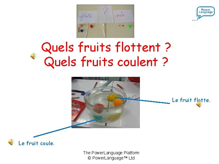 Quels fruits flottent ? Quels fruits coulent ? Le fruit flotte. Le fruit coule. Quels fruits flottent ? Quels fruits coulent ? Le fruit flotte. Le fruit coule.