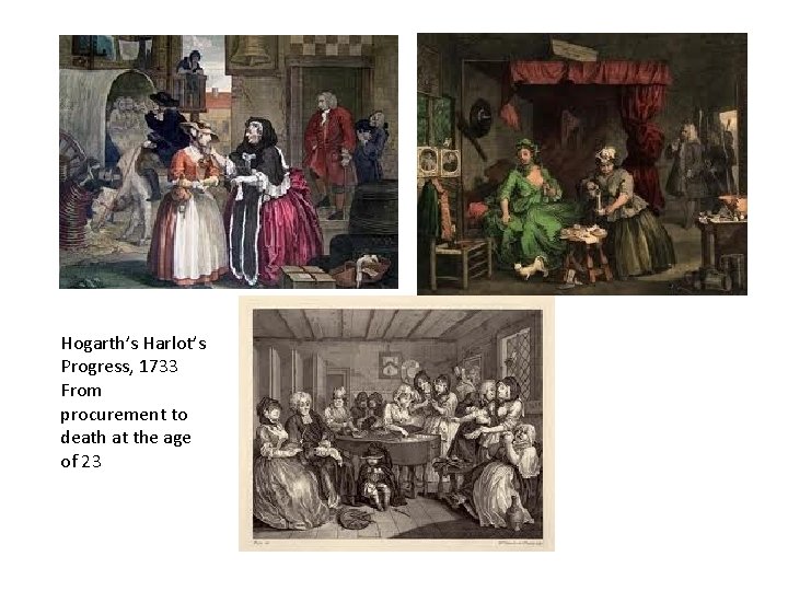Hogarth’s Harlot’s Progress, 1733 From procurement to death at the age of 23 