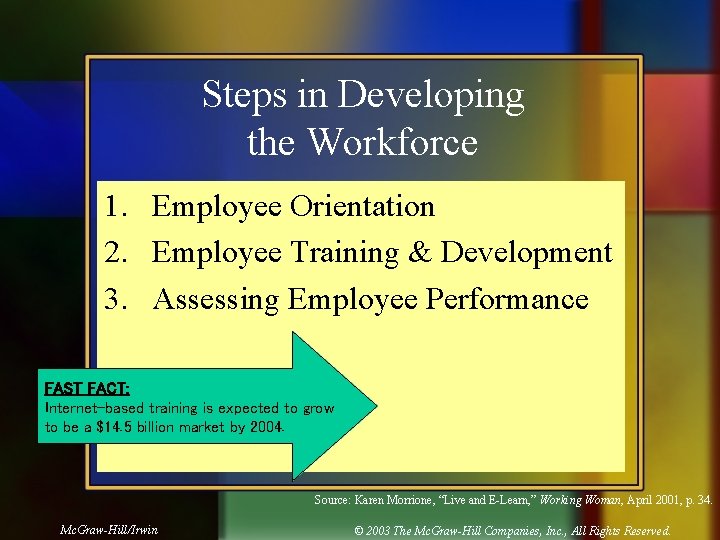 Steps in Developing the Workforce 1. Employee Orientation 2. Employee Training & Development 3.
