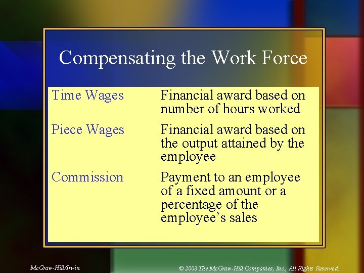 Compensating the Work Force Time Wages Piece Wages Commission Mc. Graw-Hill/Irwin Financial award based