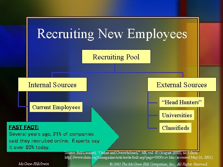 Recruiting New Employees Recruiting Pool Internal Sources Current Employees External Sources “Head Hunters” Universities