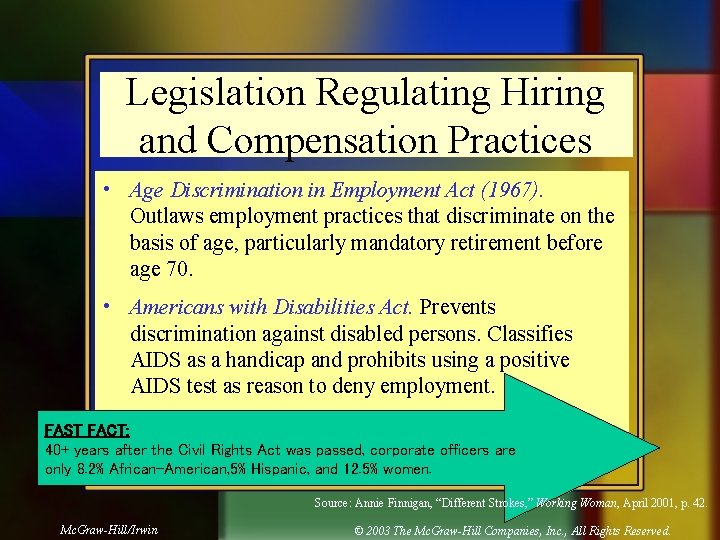 Legislation Regulating Hiring and Compensation Practices • Age Discrimination in Employment Act (1967). Outlaws