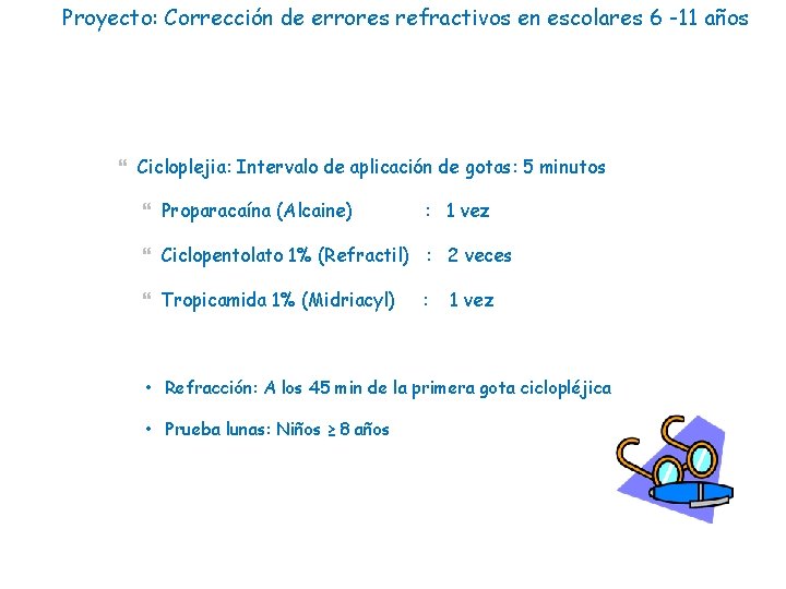 Proyecto: Corrección de errores refractivos en escolares 6 -11 años Cicloplejia: Intervalo de aplicación