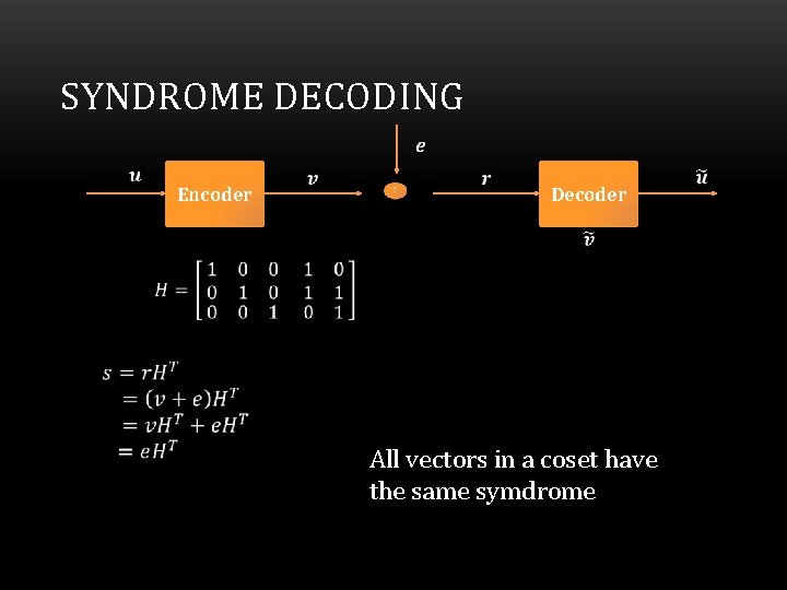 SYNDROME DECODING Encoder Decoder All vectors in a coset have the same symdrome 