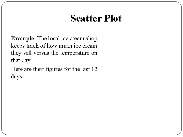 Scatter Plot Example: The local ice cream shop keeps track of how much ice