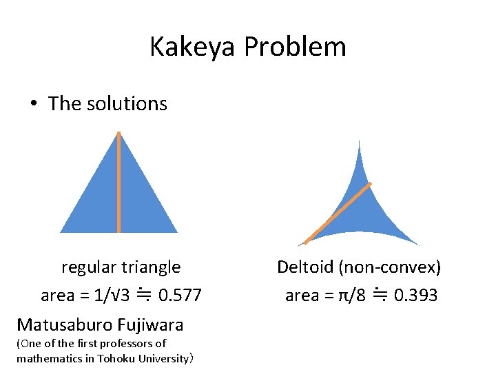 Kakeya Problem • The solutions regular triangle area = 1/√ 3 ≒ 0. 577