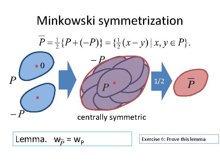 Minkowski symmetrization 1/2 centrally symmetric Lemma. w = w. P Exercise 6: Prove this