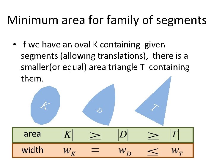 Minimum area for family of segments • If we have an oval K containing