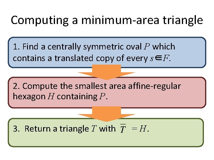 Computing a minimum-area triangle 1. Find a centrally symmetric oval P which contains a