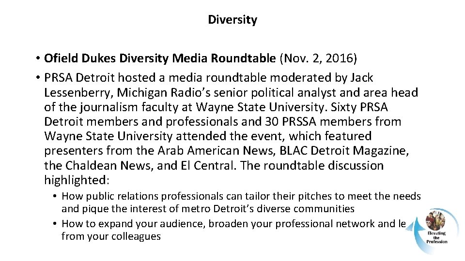 Diversity • Ofield Dukes Diversity Media Roundtable (Nov. 2, 2016) • PRSA Detroit hosted