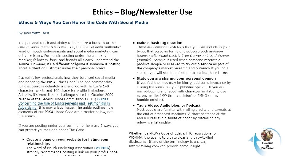Ethics – Blog/Newsletter Use 