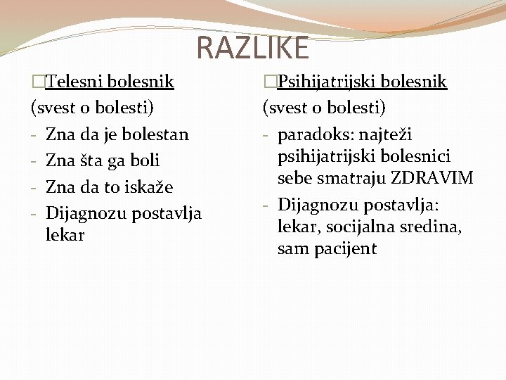 RAZLIKE �Telesni bolesnik (svest o bolesti) - Zna da je bolestan - Zna šta