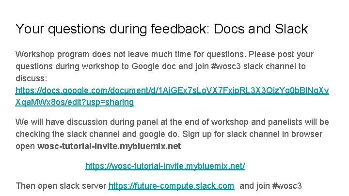 Your questions during feedback: Docs and Slack Workshop program does not leave much time