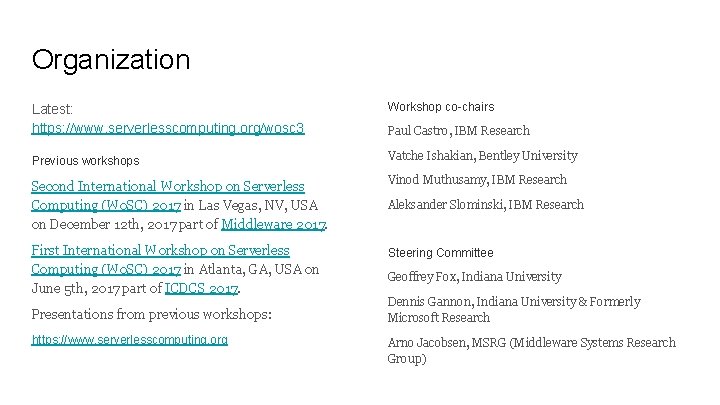 Organization Latest: https: //www. serverlesscomputing. org/wosc 3 Workshop co-chairs Previous workshops Vatche Ishakian, Bentley