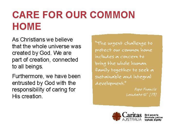 CARE FOR OUR COMMON HOME As Christians we believe that the whole universe was