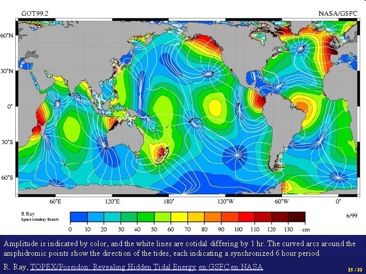 Amplitude is indicated by color, and the white lines are cotidal differing by 1
