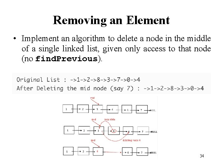 Removing an Element • Implement an algorithm to delete a node in the middle