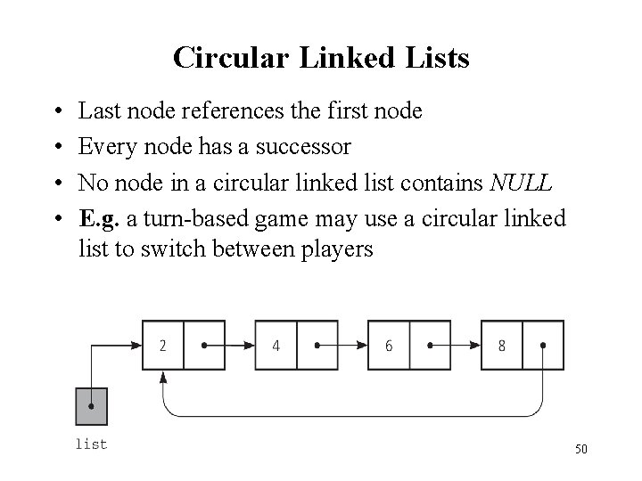 Circular Linked Lists • • Last node references the first node Every node has