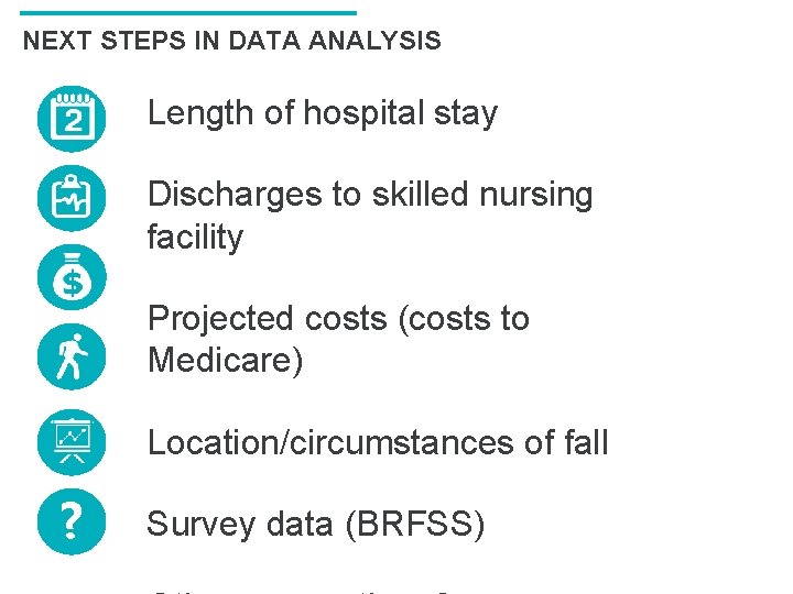 NEXT STEPS IN DATA ANALYSIS Length of hospital stay Discharges to skilled nursing facility