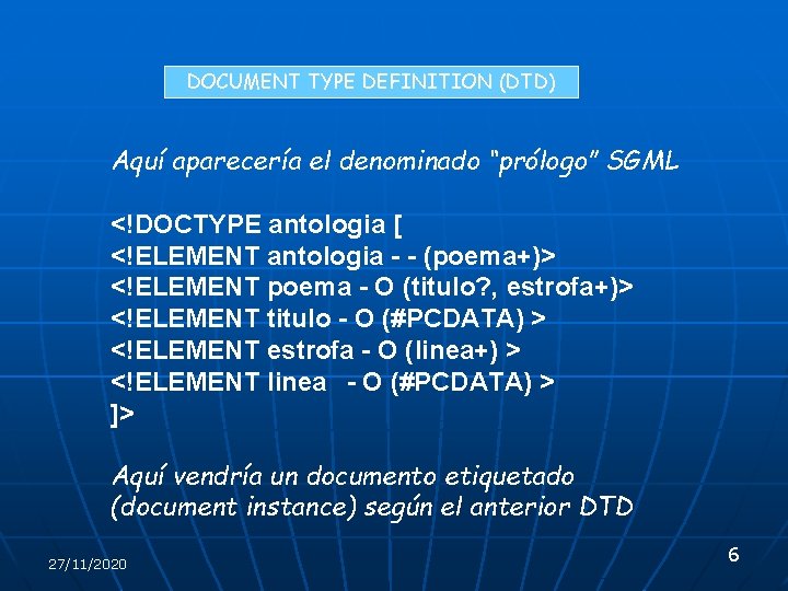 DOCUMENT TYPE DEFINITION (DTD) Aquí aparecería el denominado “prólogo” SGML <!DOCTYPE antologia [ <!ELEMENT DOCUMENT TYPE DEFINITION (DTD) Aquí aparecería el denominado “prólogo” SGML <!DOCTYPE antologia [ <!ELEMENT