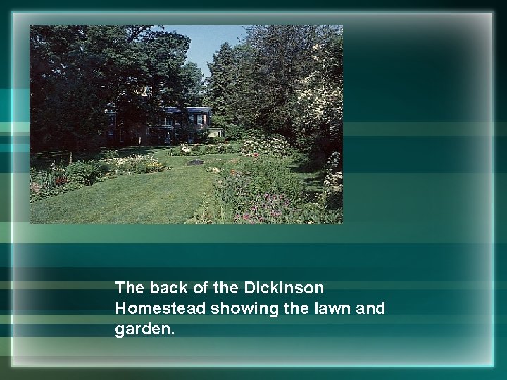 The back of the Dickinson Homestead showing the lawn and garden. 