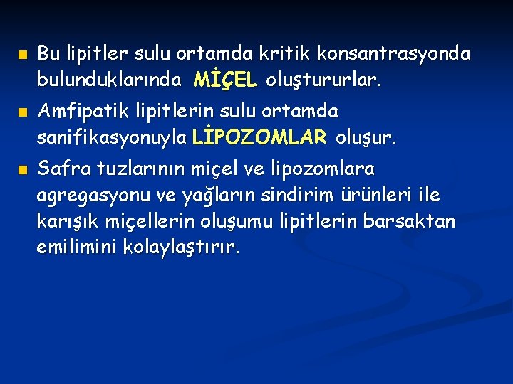 n n n Bu lipitler sulu ortamda kritik konsantrasyonda bulunduklarında MİÇEL oluştururlar. Amfipatik lipitlerin