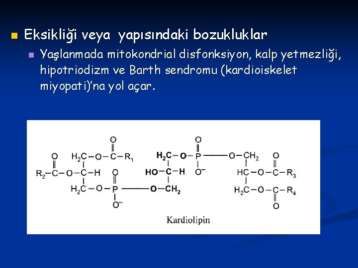 n Eksikliği veya yapısındaki bozukluklar n Yaşlanmada mitokondrial disfonksiyon, kalp yetmezliği, hipotriodizm ve Barth