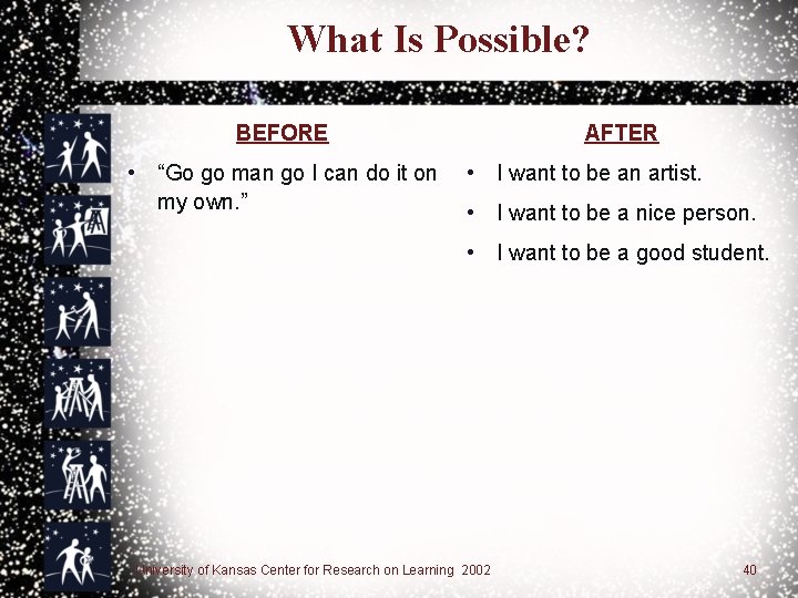 What Is Possible? BEFORE • “Go go man go I can do it on