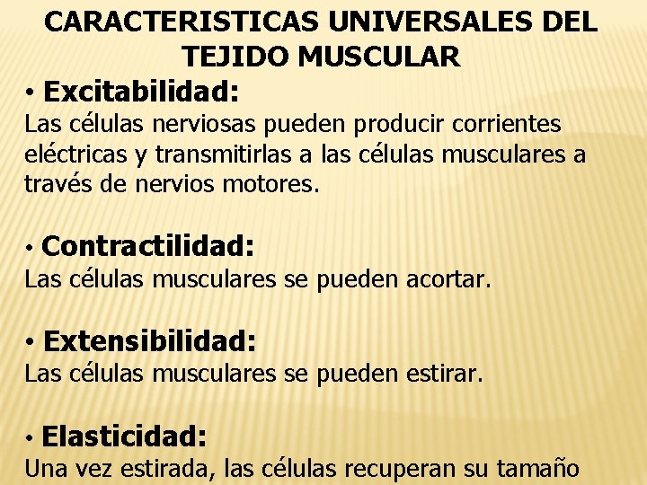 CARACTERISTICAS UNIVERSALES DEL TEJIDO MUSCULAR • Excitabilidad: Las células nerviosas pueden producir corrientes eléctricas