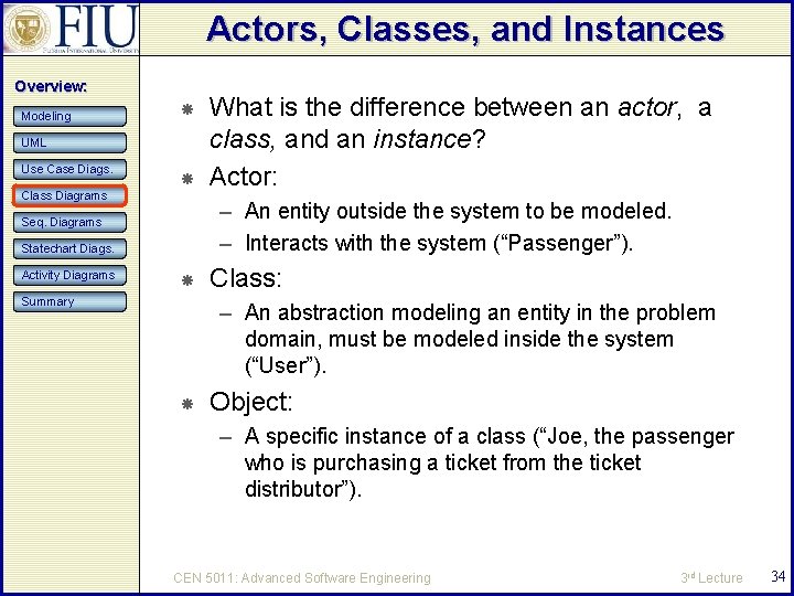 Actors, Classes, and Instances Overview: Modeling UML Use Case Diags. Class Diagrams – An