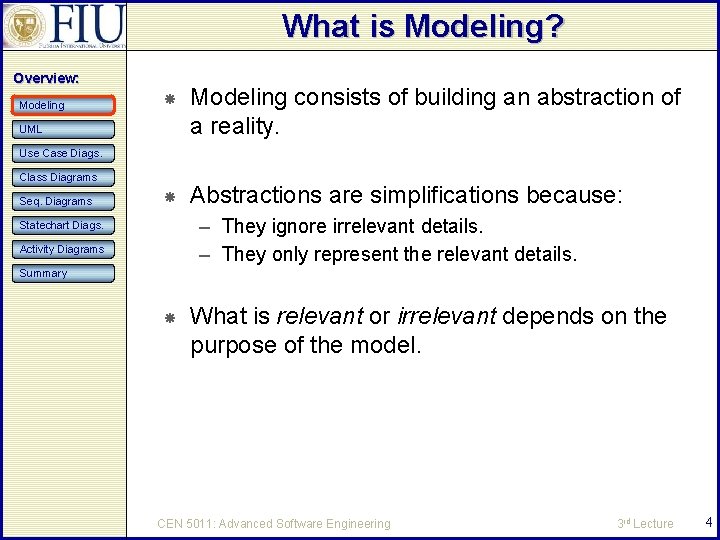 What is Modeling? Overview: Modeling consists of building an abstraction of a reality. Abstractions