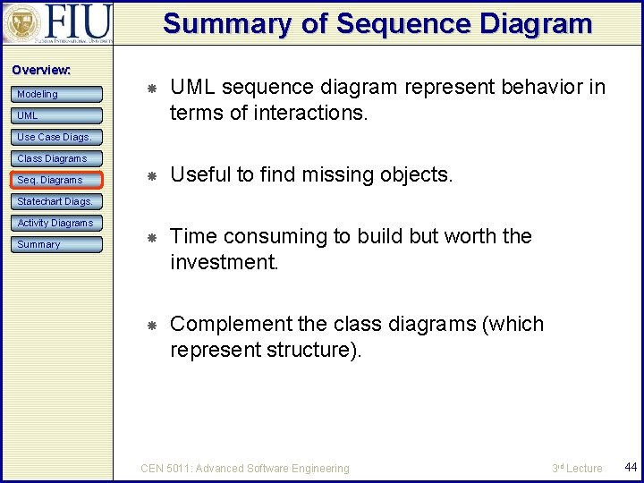 Summary of Sequence Diagram Overview: Modeling UML sequence diagram represent behavior in terms of