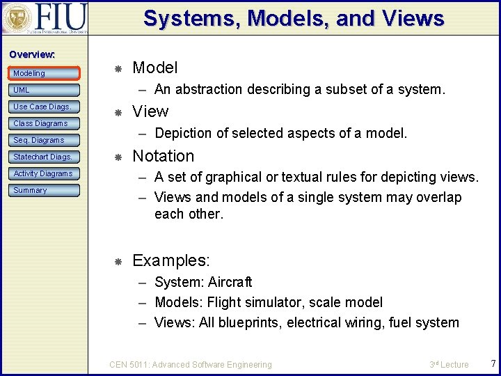 Systems, Models, and Views Overview: Modeling – An abstraction describing a subset of a