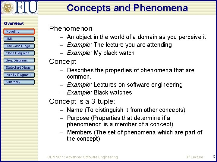 Concepts and Phenomena Overview: Modeling UML Use Case Diags. Class Diagrams Seq. Diagrams Statechart