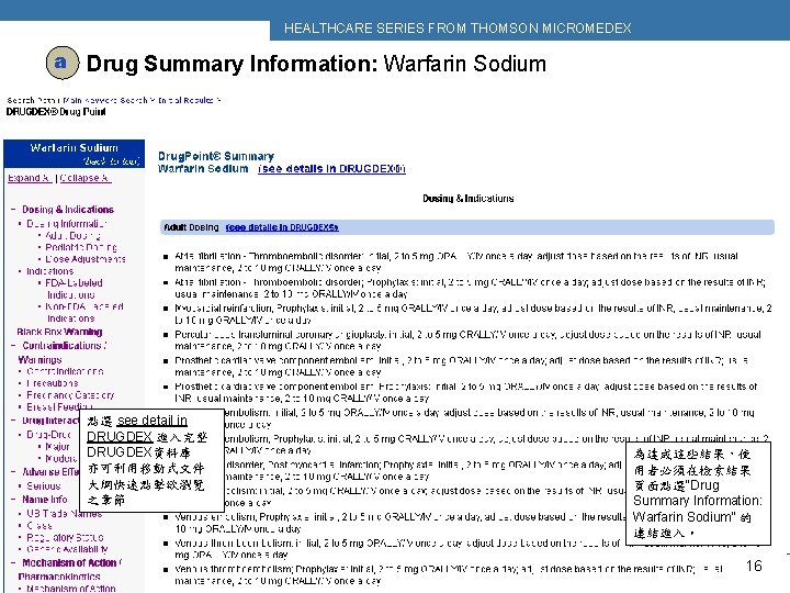 HEALTHCARE SERIES FROM THOMSON MICROMEDEX a Drug Summary Information: Warfarin Sodium 點選 see detail