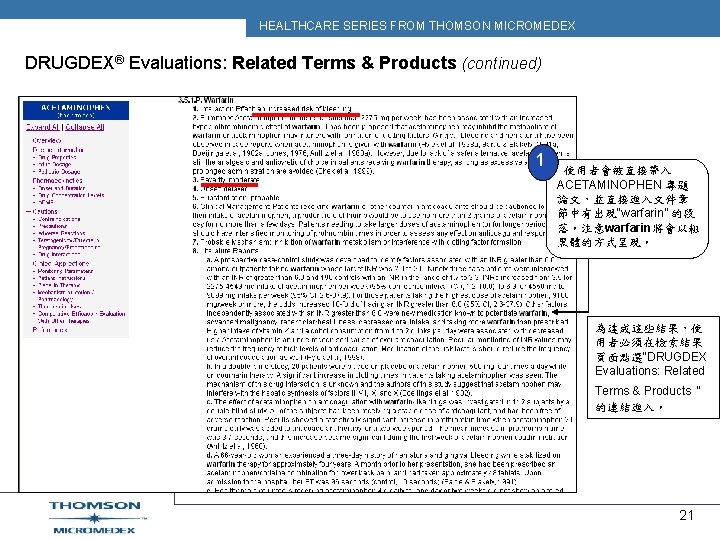 HEALTHCARE SERIES FROM THOMSON MICROMEDEX DRUGDEX® Evaluations: Related Terms & Products (continued) 1 使用者會被直接帶入