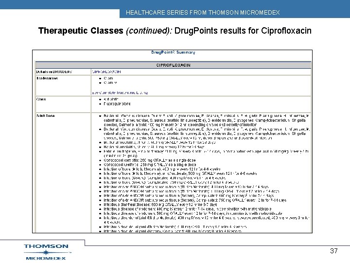 HEALTHCARE SERIES FROM THOMSON MICROMEDEX Therapeutic Classes (continued): Drug. Points results for Ciprofloxacin 37