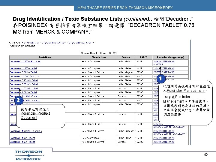 HEALTHCARE SERIES FROM THOMSON MICROMEDEX Drug Identification / Toxic Substance Lists (continued): 檢閱“Decadron. ”