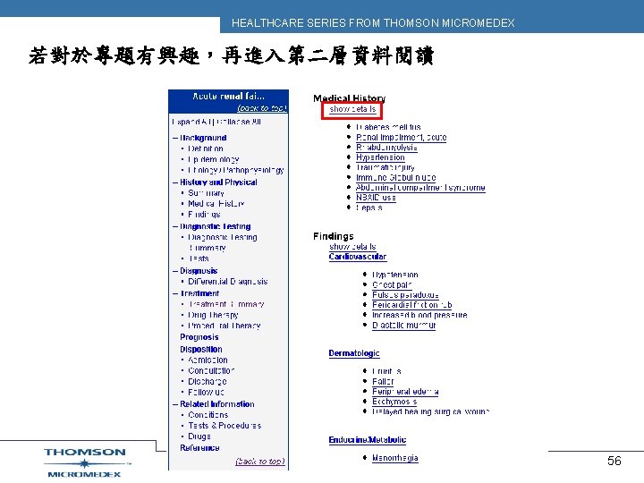 HEALTHCARE SERIES FROM THOMSON MICROMEDEX 若對於專題有興趣，再進入第二層資料閱讀 56 