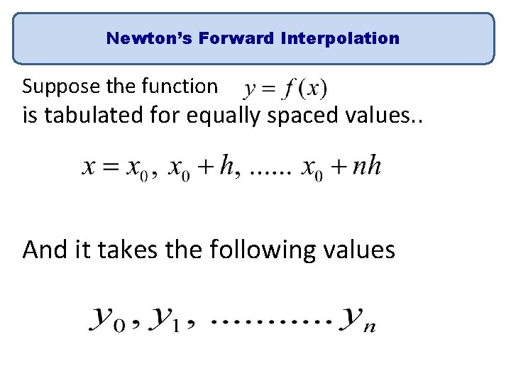 Newton’s Forward Interpolation Suppose the function is tabulated for equally spaced values. . And