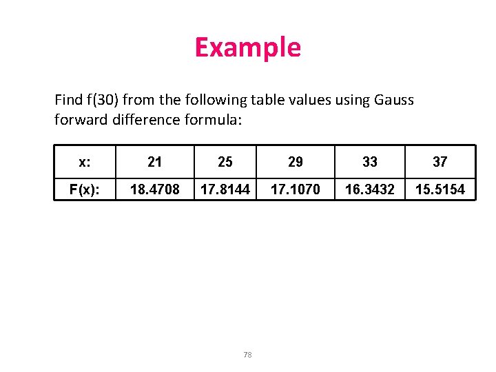 Example Find f(30) from the following table values using Gauss forward difference formula: x: