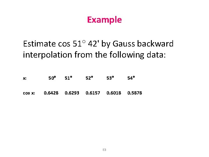 Example Estimate cos 51 42' by Gauss backward interpolation from the following data: x: