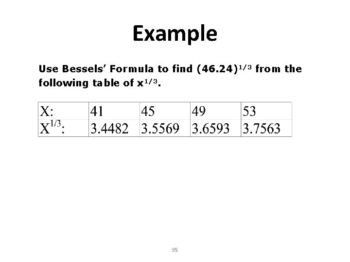 Example Use Bessels’ Formula to find (46. 24)1/3 from the following table of x